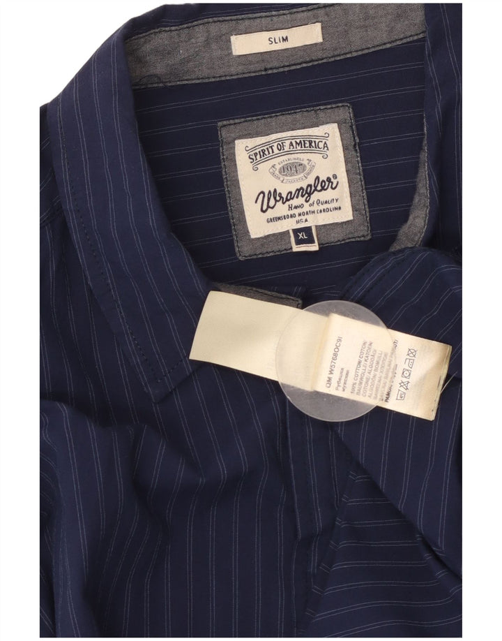 Wrangler Mens Slim Shirt XL Navy Blue Striped Cotton