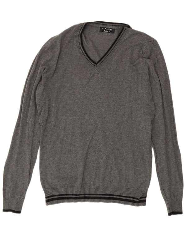Zara Mens V-Neck Jumper Sweater Large Grey Striped Cotton