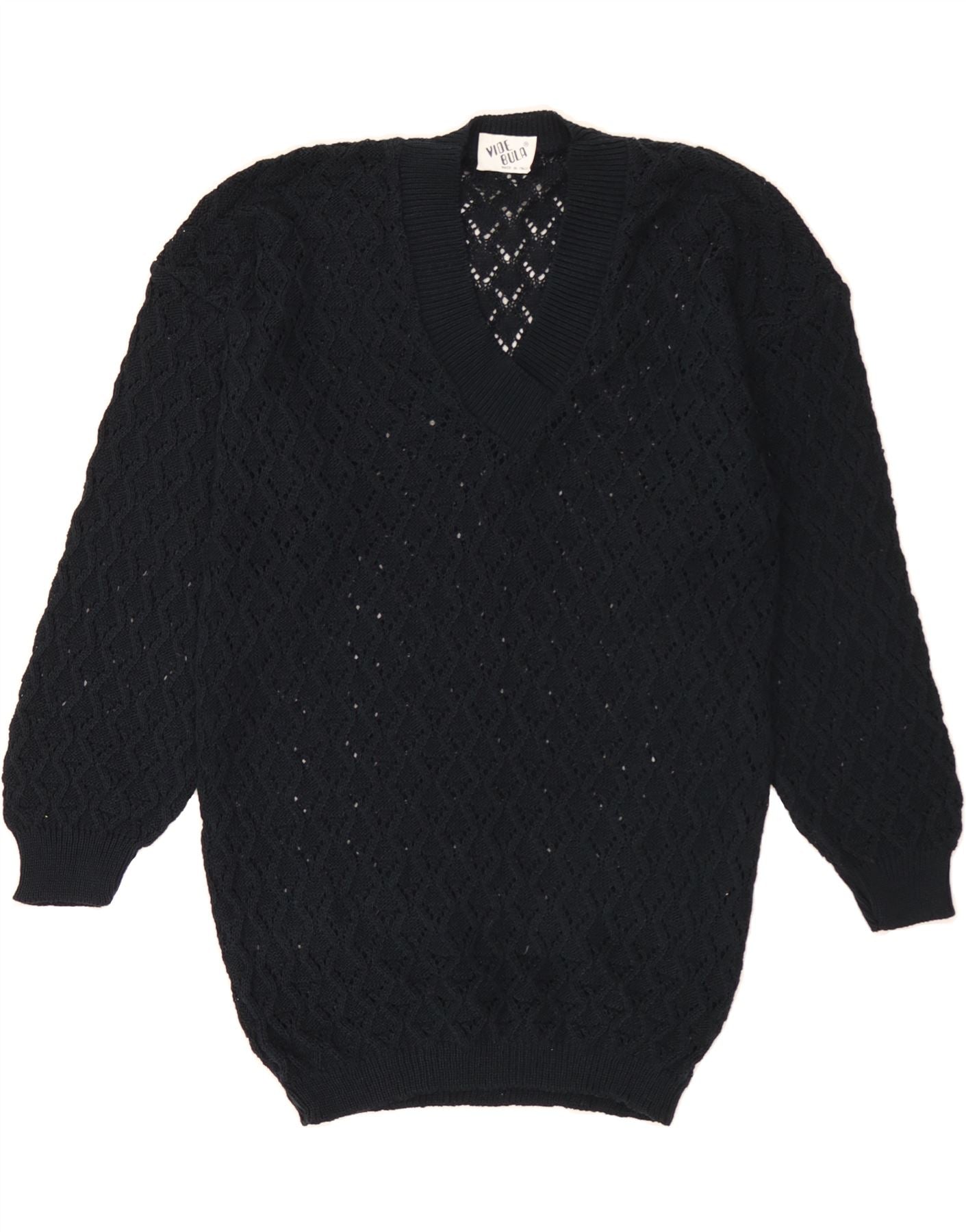 VINTAGE Womens V-Neck Jumper Sweater UK 14 Medium Navy Blue Cotton