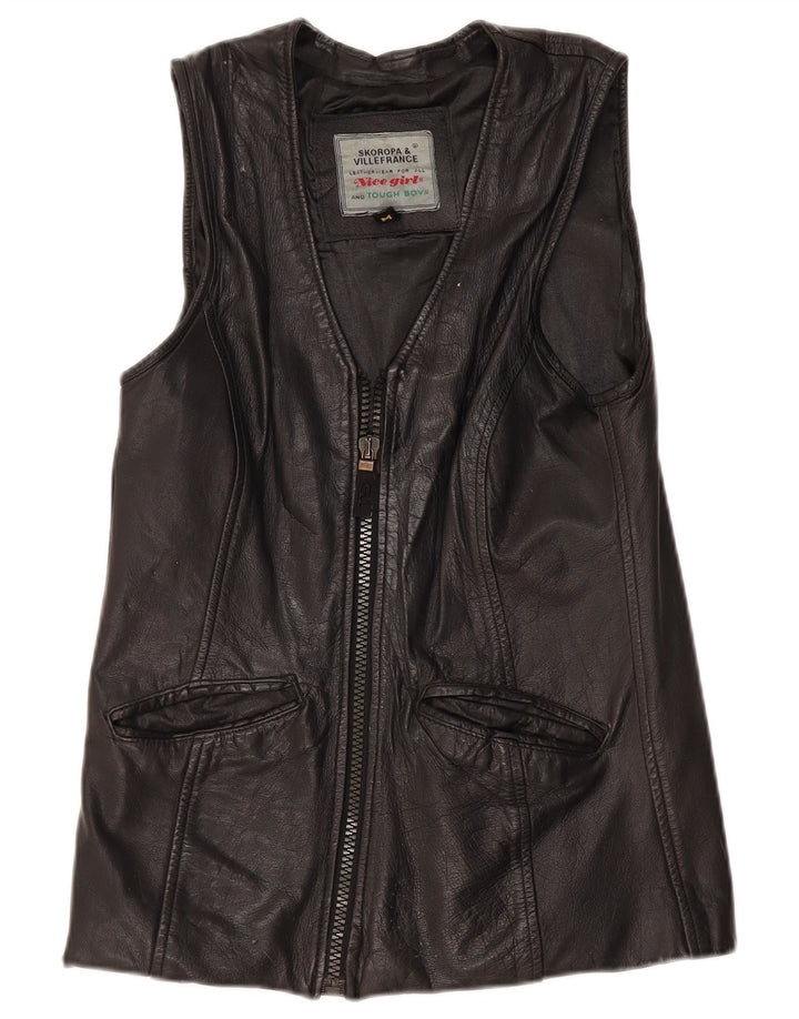 Vintage Womens Leather Gilet UK 12 Medium Black Leather