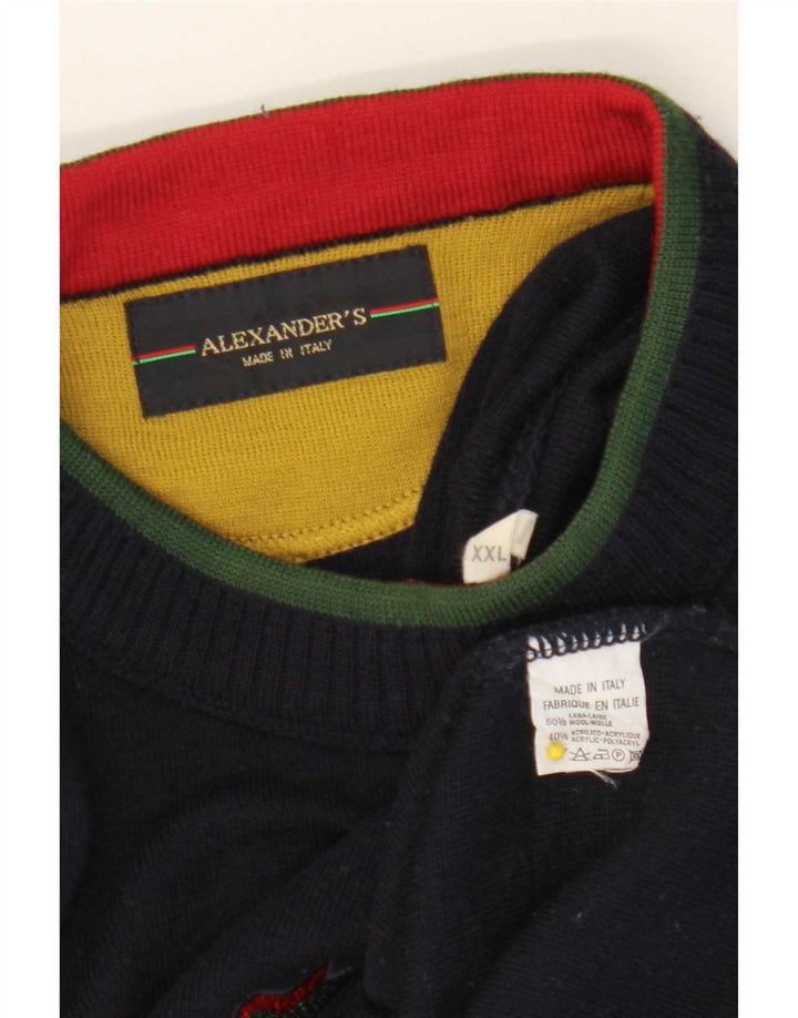 Alexander's Mens Graphic Crew Neck Jumper Sweater 2XL Navy Blue Wool