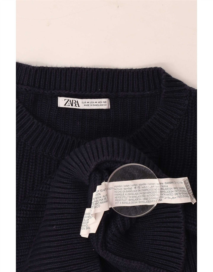 Zara Mens Crew Neck Jumper Sweater Medium Navy Blue Striped Cotton