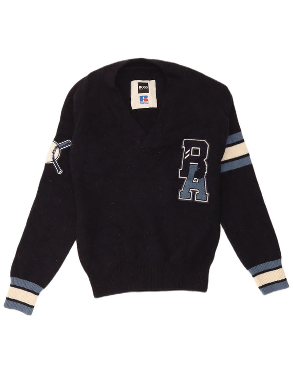 Hugo Boss Mens Graphic V-Neck Jumper Sweater Medium Navy Blue Colourblock
