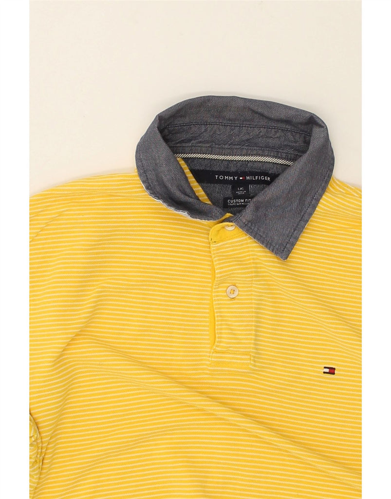 TOMMY HILFIGER Mens Custom Fit Polo Shirt Large Yellow Striped | Vintage Tommy Hilfiger | Thrift | Second-Hand Tommy Hilfiger | Used Clothing | Messina Hembry 