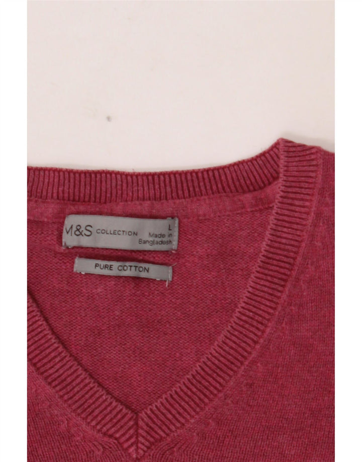 MARKS & SPENCER Mens V-Neck Jumper Sweater Large Pink Cotton