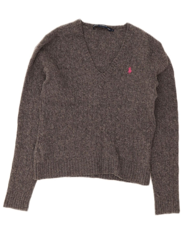 Ralph Lauren Girls V-Neck Jumper Sweater 9-10 Years Large Grey Lambswool