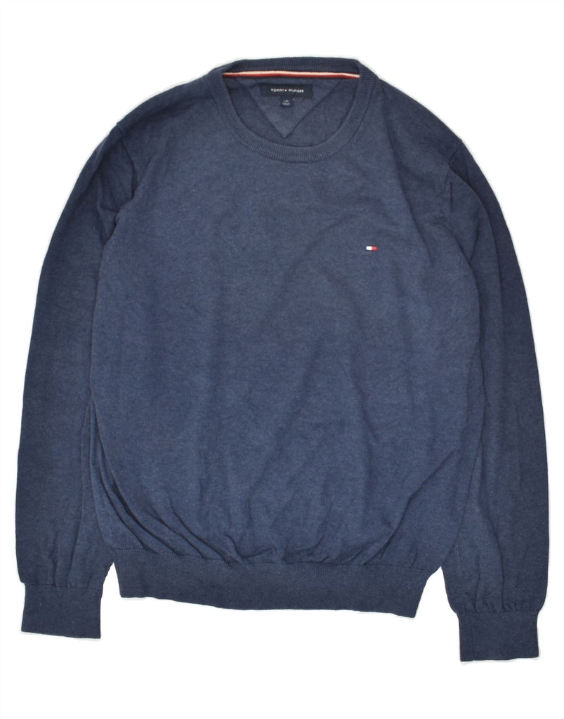 TOMMY HILFIGER Mens Boat Neck Jumper Sweater Large Navy Blue Cotton | Vintage Tommy Hilfiger | Thrift | Second-Hand Tommy Hilfiger | Used Clothing | Messina Hembry 