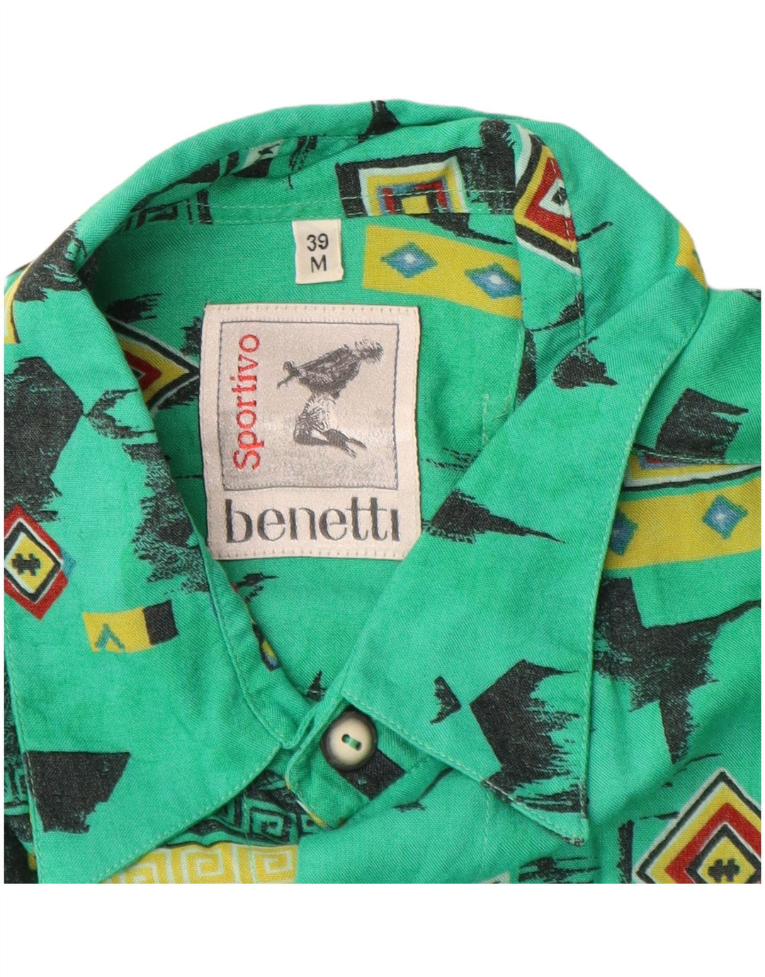Benetti Mens Short Sleeve Shirt Size 39 Medium Green Geometric Viscose