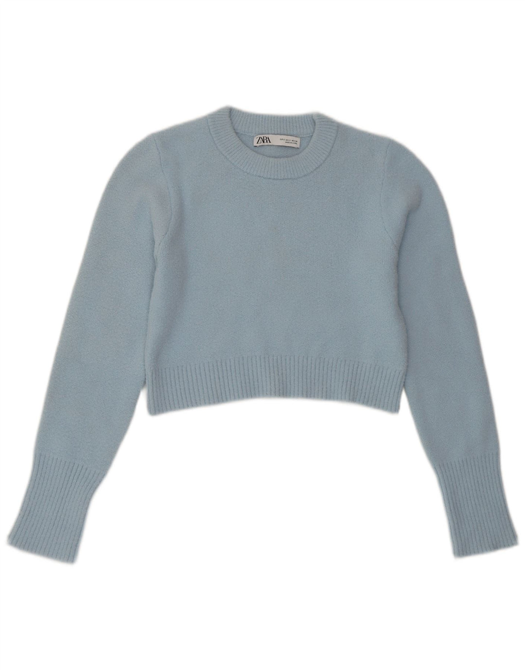 ZARA Womens Crop Crew Neck Jumper Sweater UK 10 Small Blue Nylon