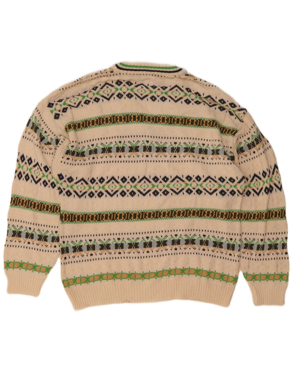 Vintage Mens V-Neck Jumper Sweater Medium White Geometric Cotton