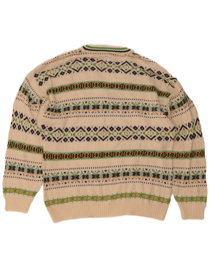 Vintage Mens V-Neck Jumper Sweater Medium White Geometric Cotton