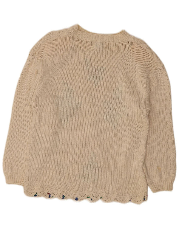 Vintage Womens Crew Neck Jumper Sweater UK 14 Medium Off White Floral Ramie