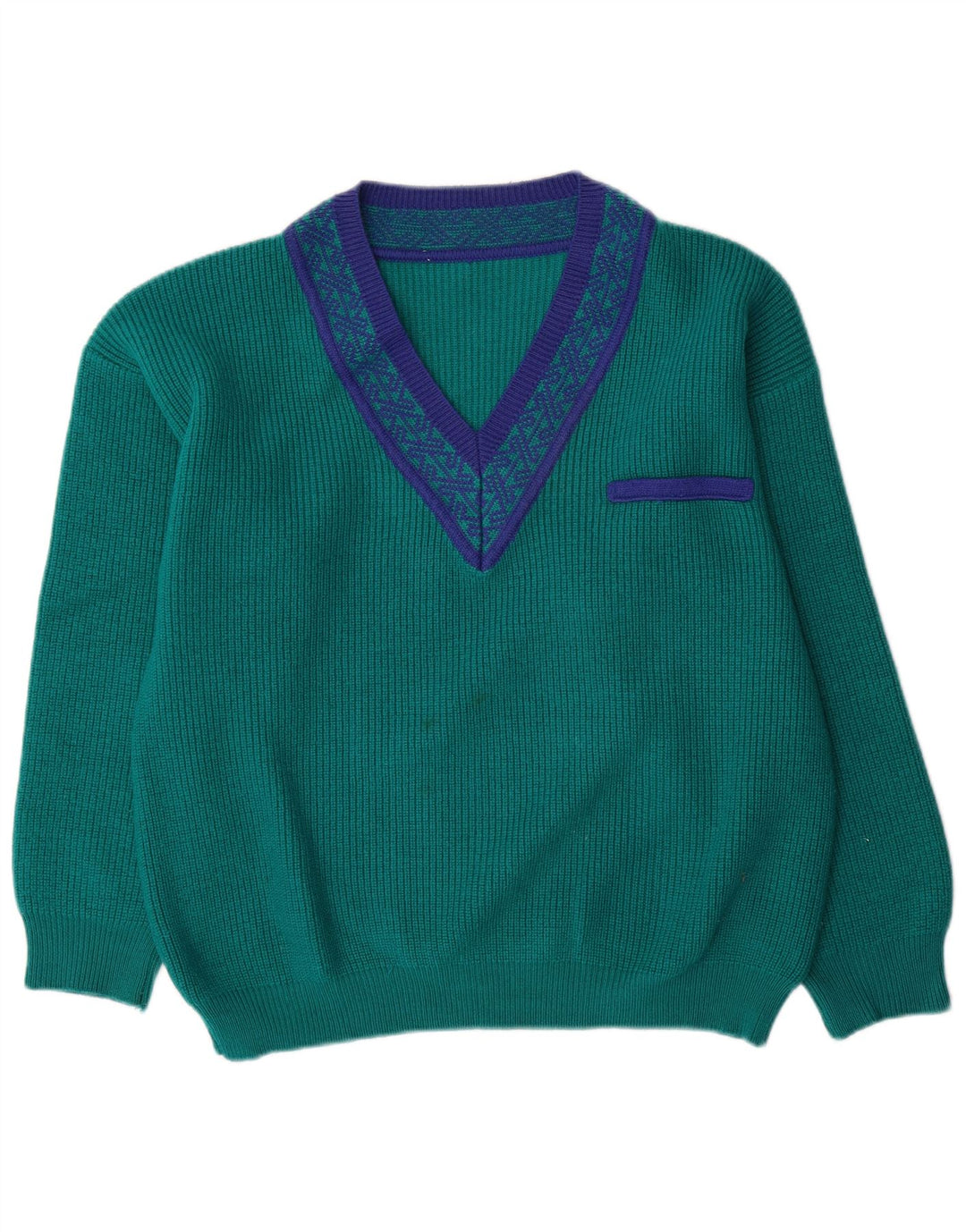 Vintage Mens V-Neck Jumper Sweater Large Green Geometric Wool