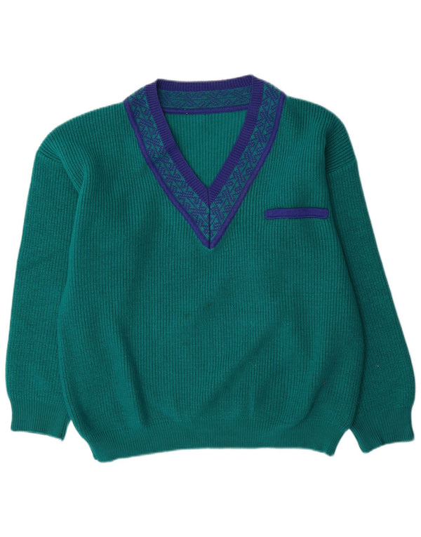 Vintage Mens V-Neck Jumper Sweater Large Green Geometric Wool