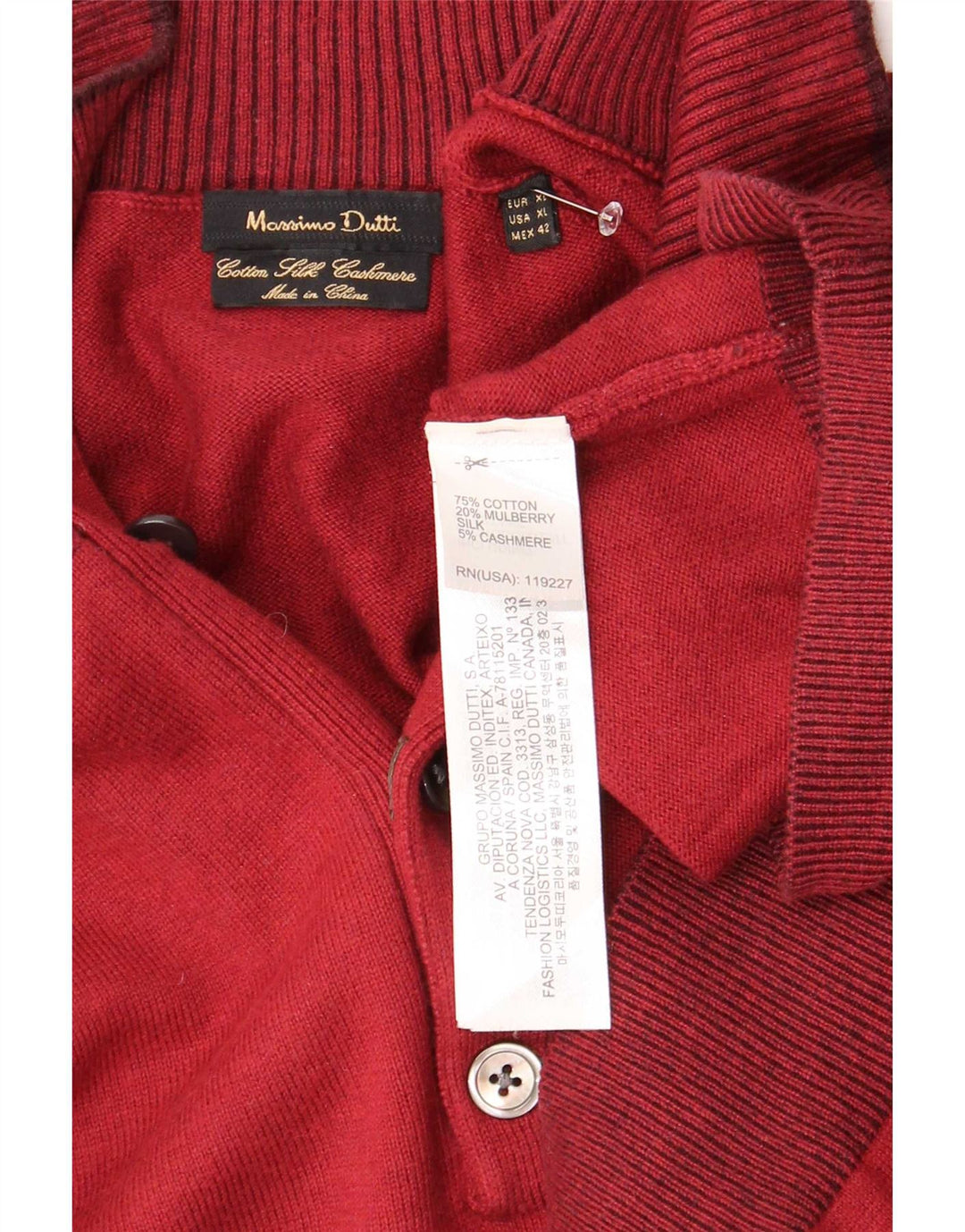 Massimo Dutti Mens Button Neck Jumper Sweater XL Burgundy Cotton