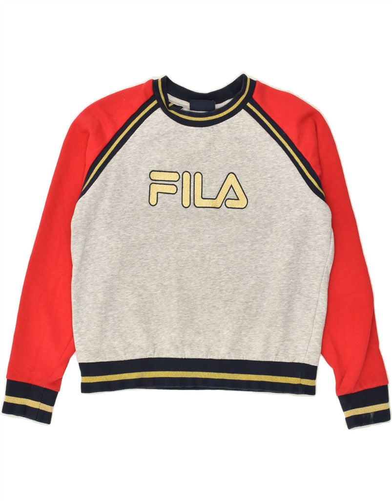 FILA Womens Graphic Sweatshirt Jumper UK 6 XS Grey Colourblock Cotton | Vintage Fila | Thrift | Second-Hand Fila | Used Clothing | Messina Hembry 