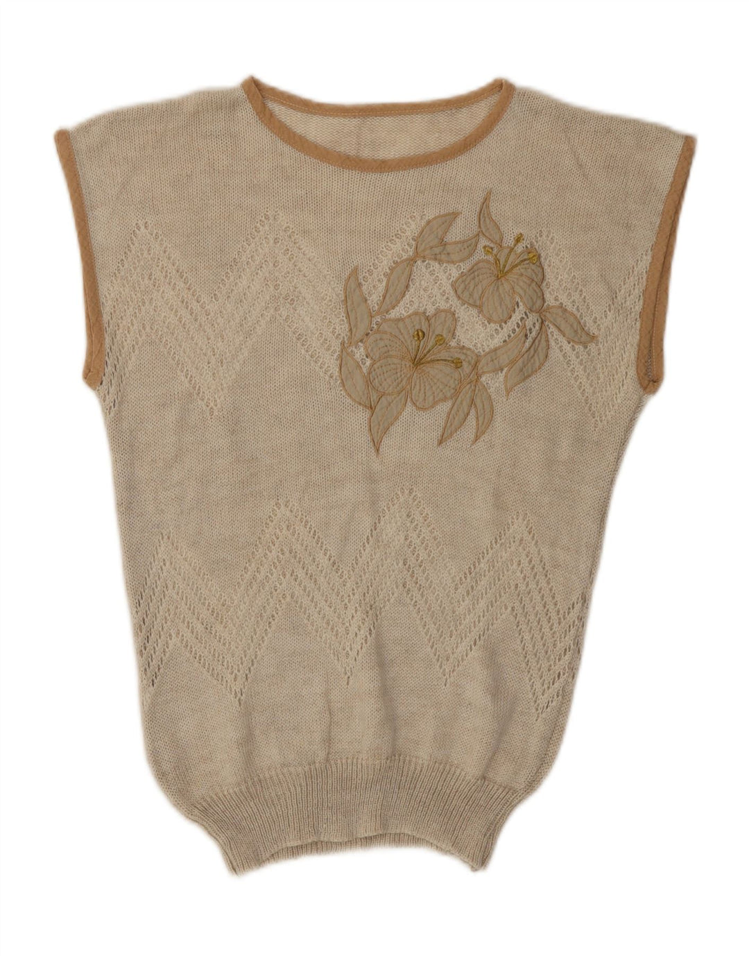 Vintage Womens Vest Tank Top UK 12 Medium Beige Floral Acrylic