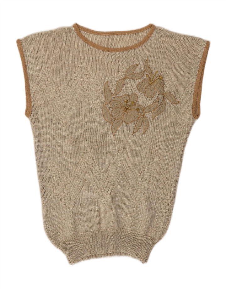 Vintage Womens Vest Tank Top UK 12 Medium Beige Floral Acrylic