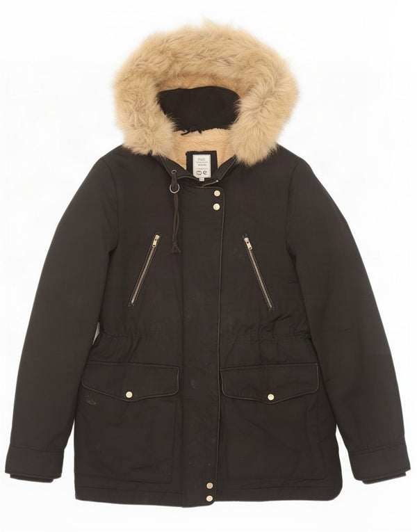 Zara Womens Trafaluc Hooded Sherpa Parka Jacket UK 10 Small Black Acrylic