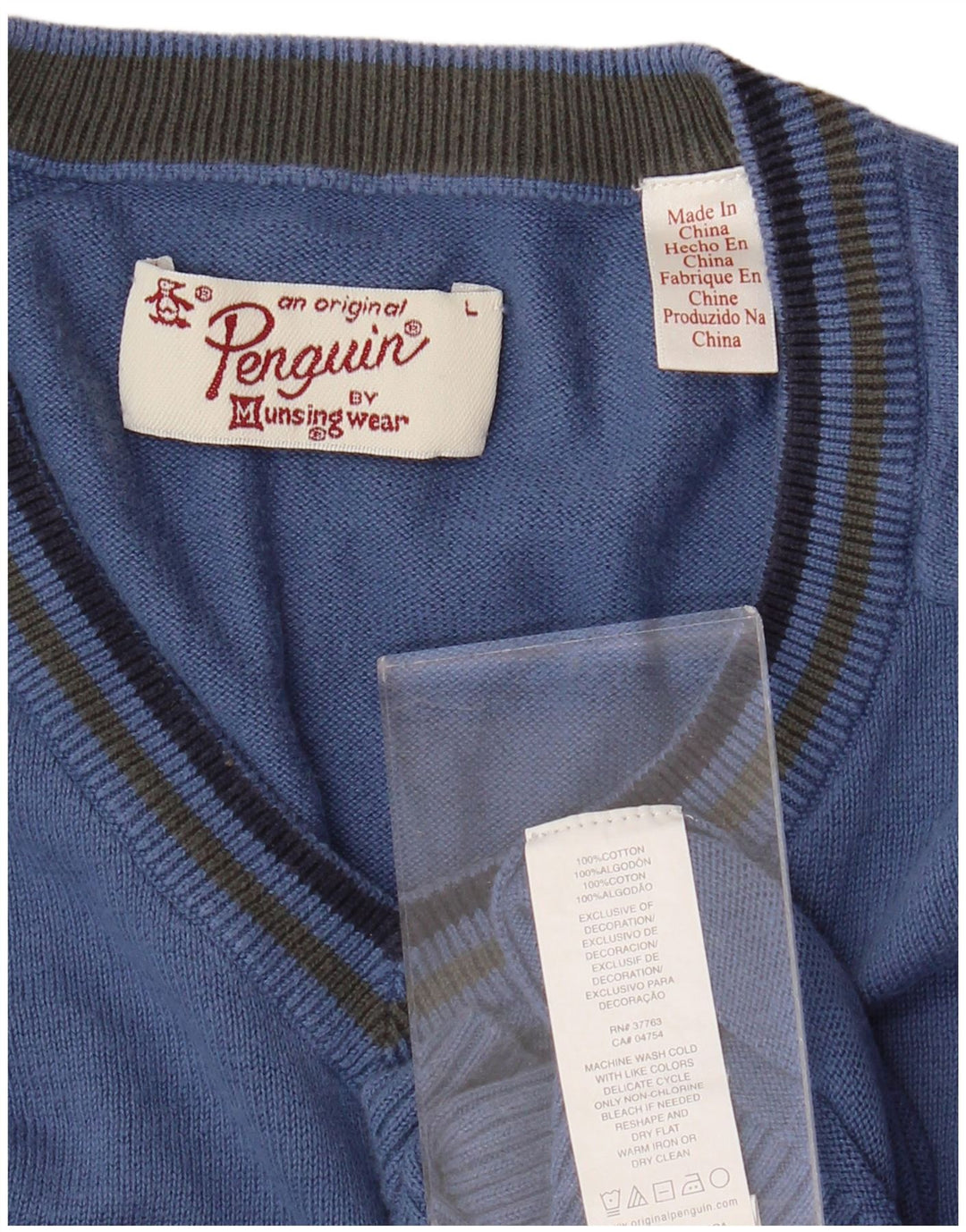 PENGUIN Mens V-Neck Jumper Sweater Large Blue Cotton