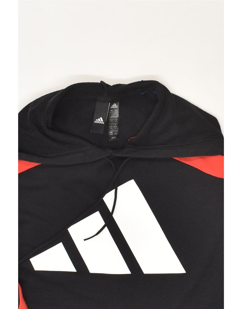 ADIDAS Womens Graphic Hoodie Jumper UK 12/14 Medium Black Striped Cotton | Vintage Adidas | Thrift | Second-Hand Adidas | Used Clothing | Messina Hembry 