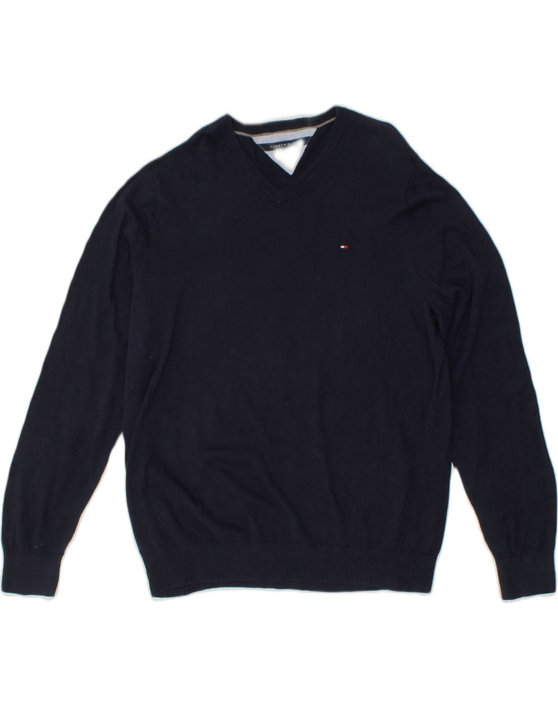 TOMMY HILFIGER Mens V-Neck Jumper Sweater 2XL Navy Blue Cotton | Vintage Tommy Hilfiger | Thrift | Second-Hand Tommy Hilfiger | Used Clothing | Messina Hembry 