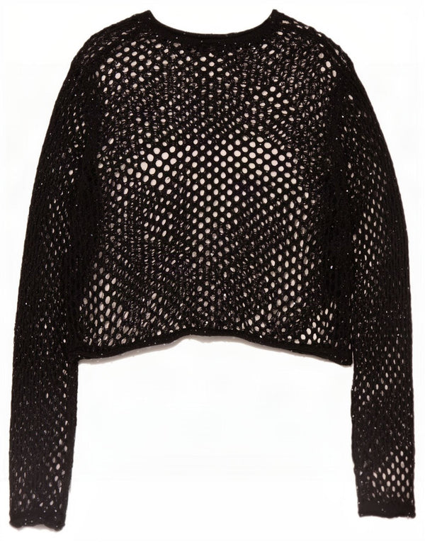 Zara Womens Oversized Long Sleeve Crochet See Through Top UK 10 Small Black