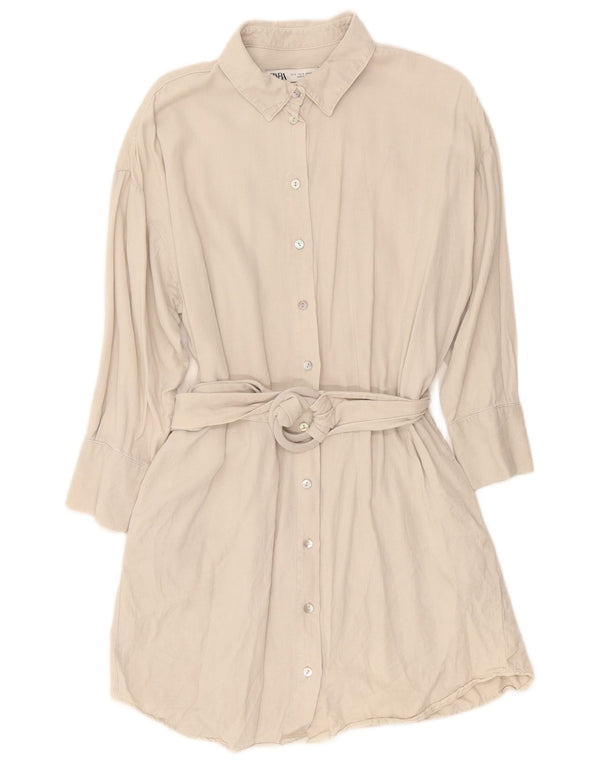 Zara Womens 3/4 Sleeve Denim Dress UK 10 Small Beige Lyocell