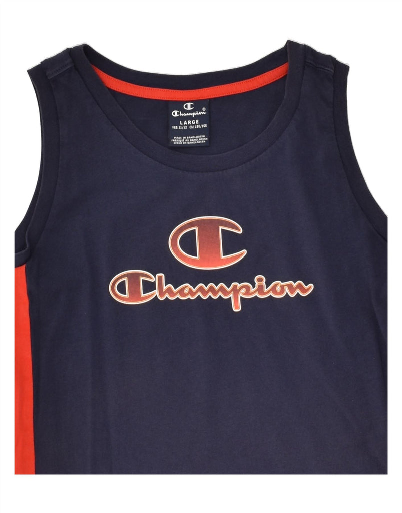 CHAMPION Boys Graphic Vest Top 11-12 Years Large Navy Blue Colourblock | Vintage Champion | Thrift | Second-Hand Champion | Used Clothing | Messina Hembry 