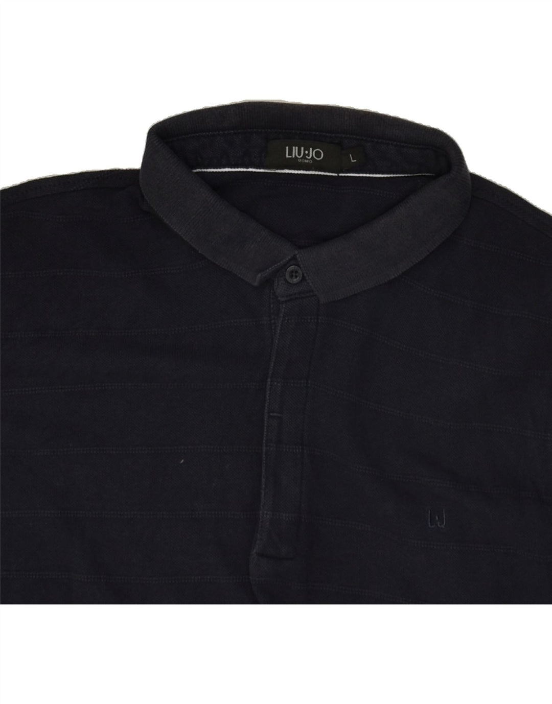 LIU JO Mens Polo Shirt Large Navy Blue Striped Cotton Vintage Liu Jo and Second-Hand Liu Jo from Messina Hembry 