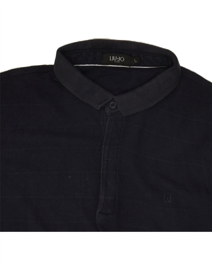 LIU JO Mens Polo Shirt Large Navy Blue Striped Cotton Vintage Liu Jo and Second-Hand Liu Jo from Messina Hembry 