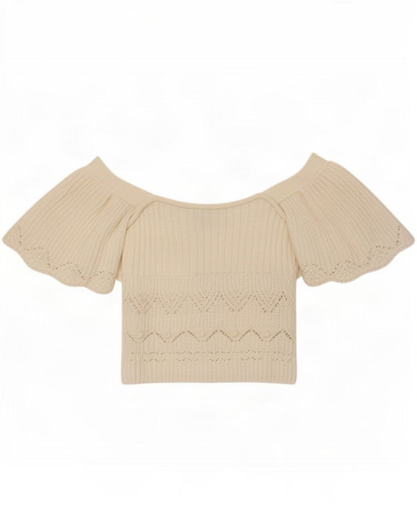 Zara Womens Crop Knit Off Shoulder Blouse Top UK 14 Large White Cotton