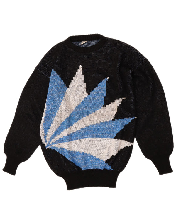 Vintage Womens Crew Neck Jumper Sweater UK 16 Large Black Colourblock Wool