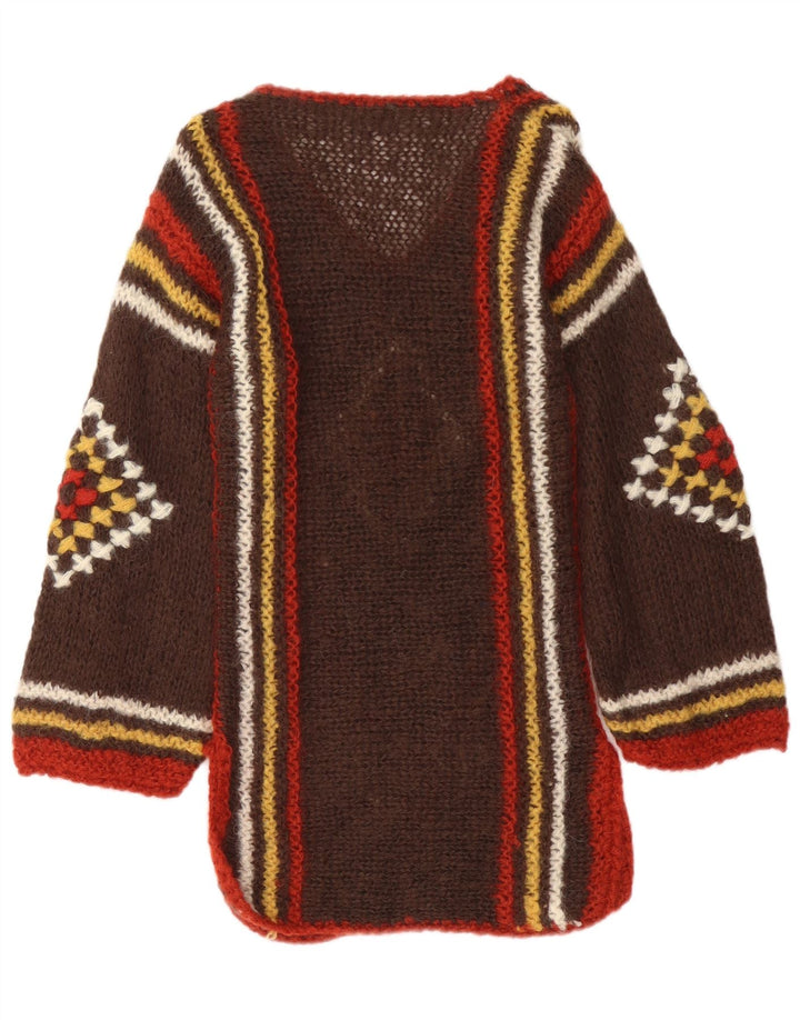 Vintage Womens V-Neck Jumper Sweater UK 12 Medium Brown Geometric Aztec