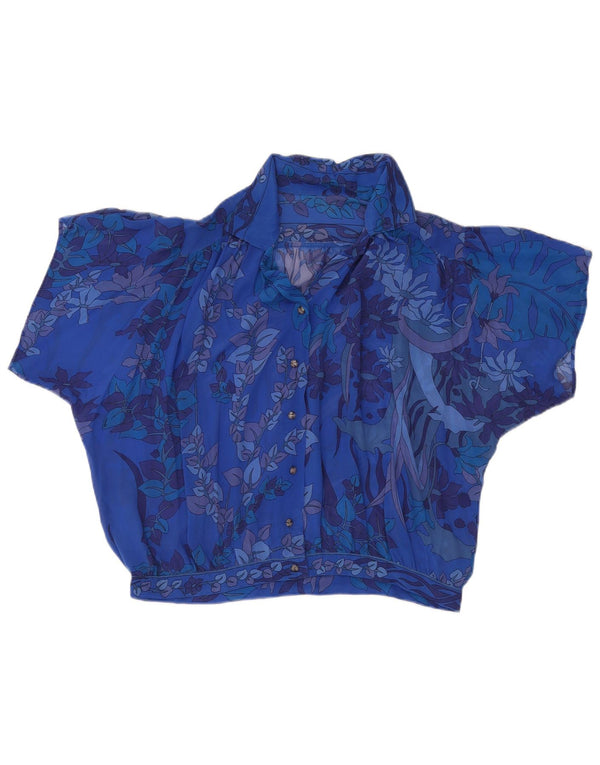 Vintage Womens See Through Short Sleeve Shirt Blouse UK 18 XL Blue Floral