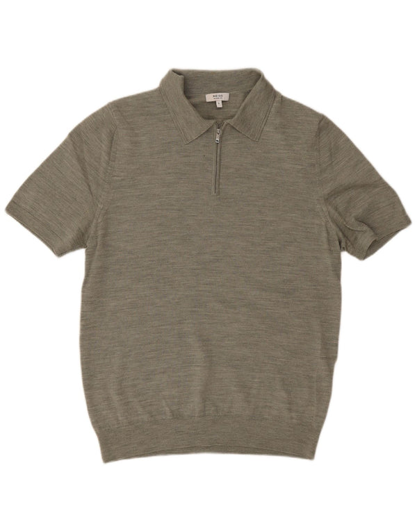 Reiss Mens Short Sleeve Polo Neck Jumper Sweater Large Grey Flecked Wool