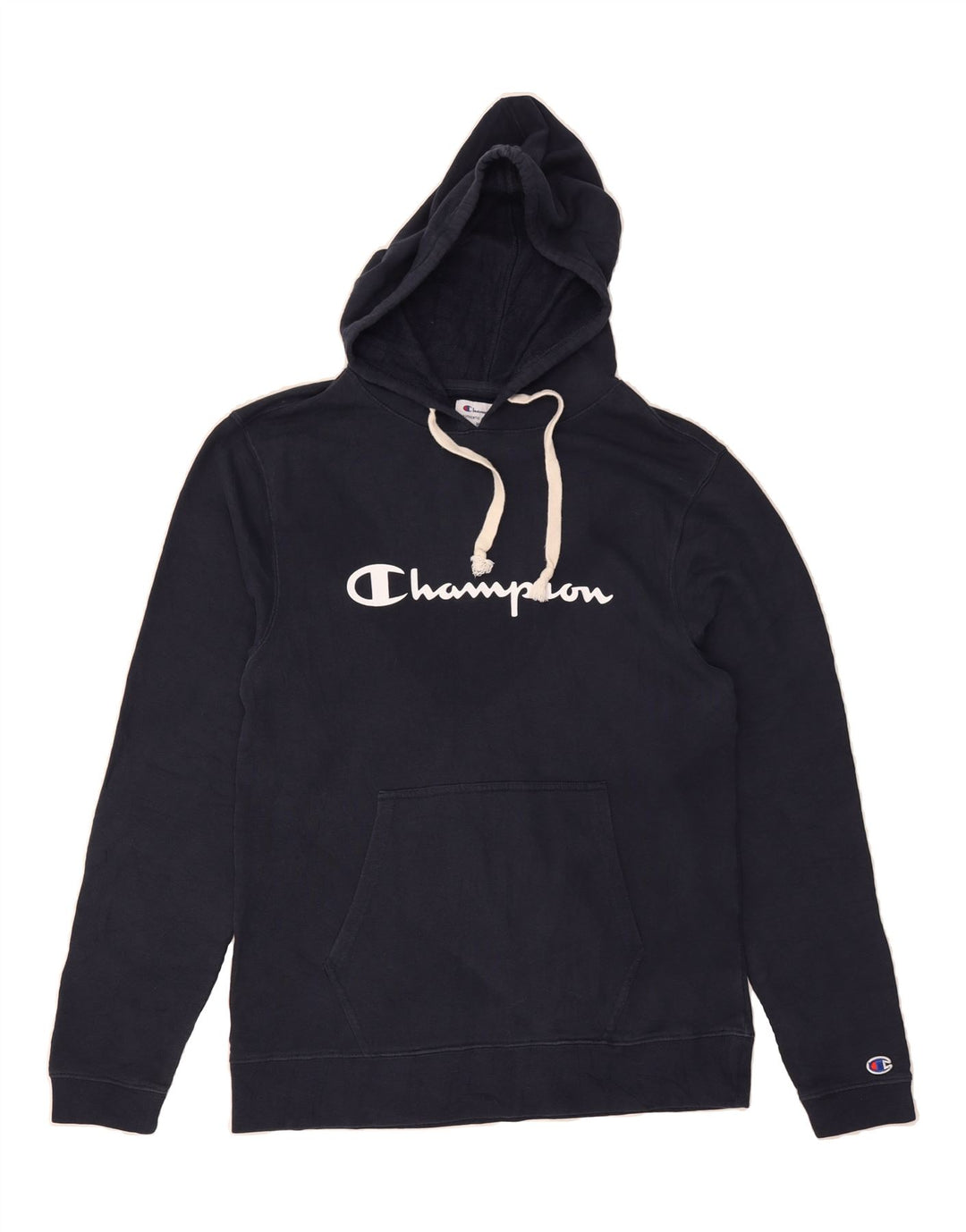 CHAMPION Mens Graphic Hoodie Jumper Medium Navy Blue Cotton Vintage Champion and Second-Hand Champion from Messina Hembry 