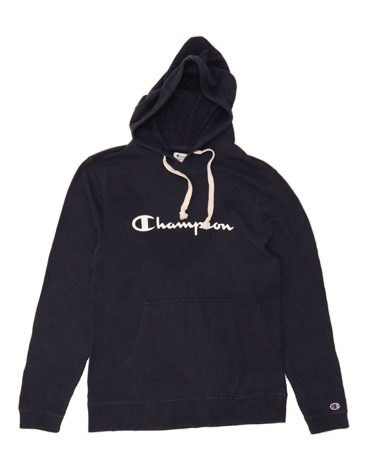 CHAMPION Mens Graphic Hoodie Jumper Medium Navy Blue Cotton Vintage Champion and Second-Hand Champion from Messina Hembry 