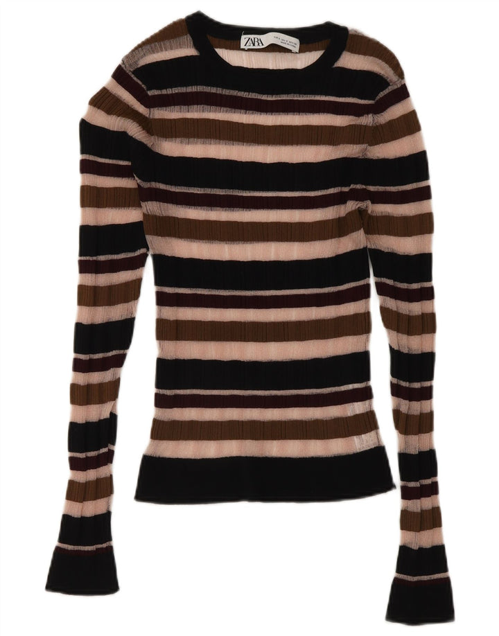 Zara Womens See Through Top Long Sleeve UK 8 Small Multicoloured Striped