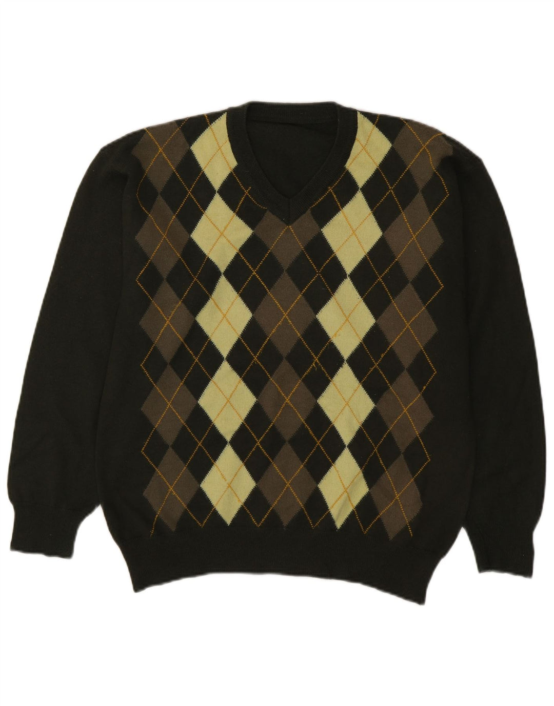 Vintage Mens V-Neck Jumper Sweater Medium Green Argyle/Diamond