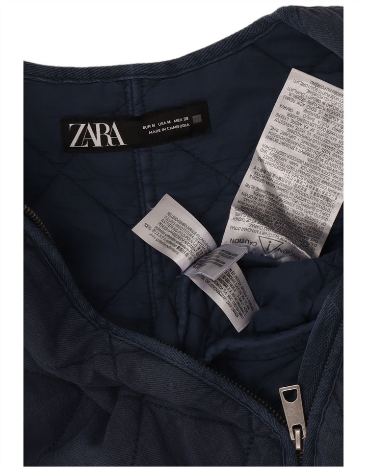 Zara Womens Crop Oversized Quilted Jacket UK 14 Medium Navy Blue Polyester