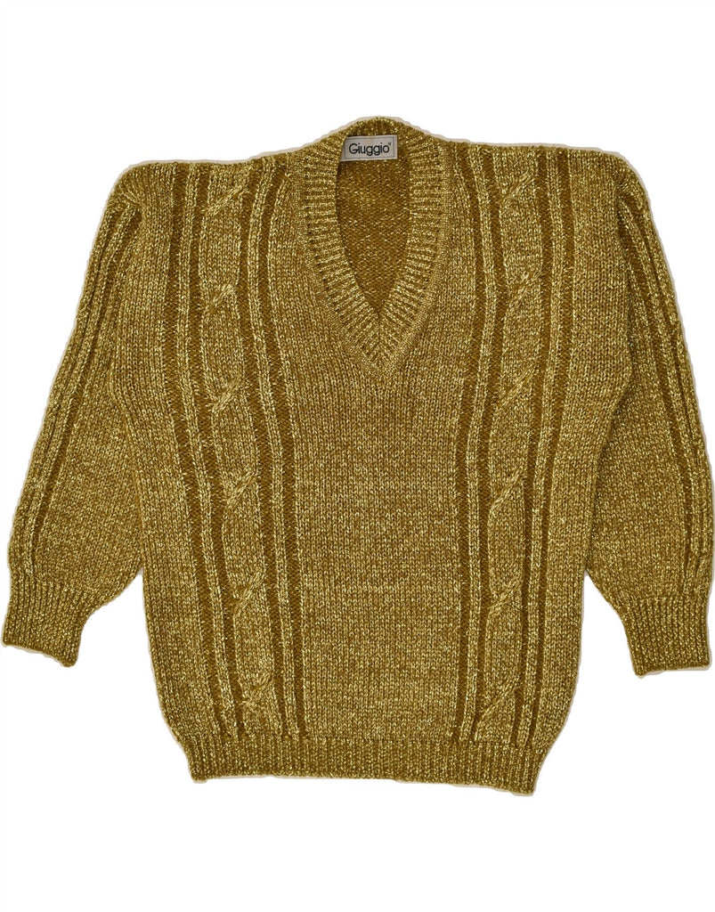 VINTAGE Womens V-Neck Jumper Sweater UK 14 Large Gold Wool | Vintage Vintage | Thrift | Second-Hand Vintage | Used Clothing | Messina Hembry 