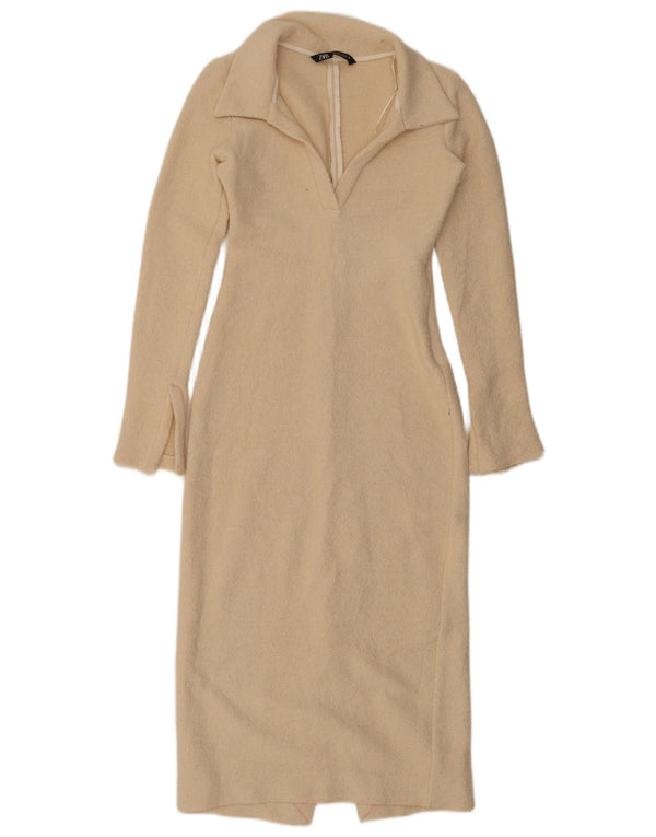 Zara Womens Long Sleeve Sheath Dress UK 8 Small Beige Cotton