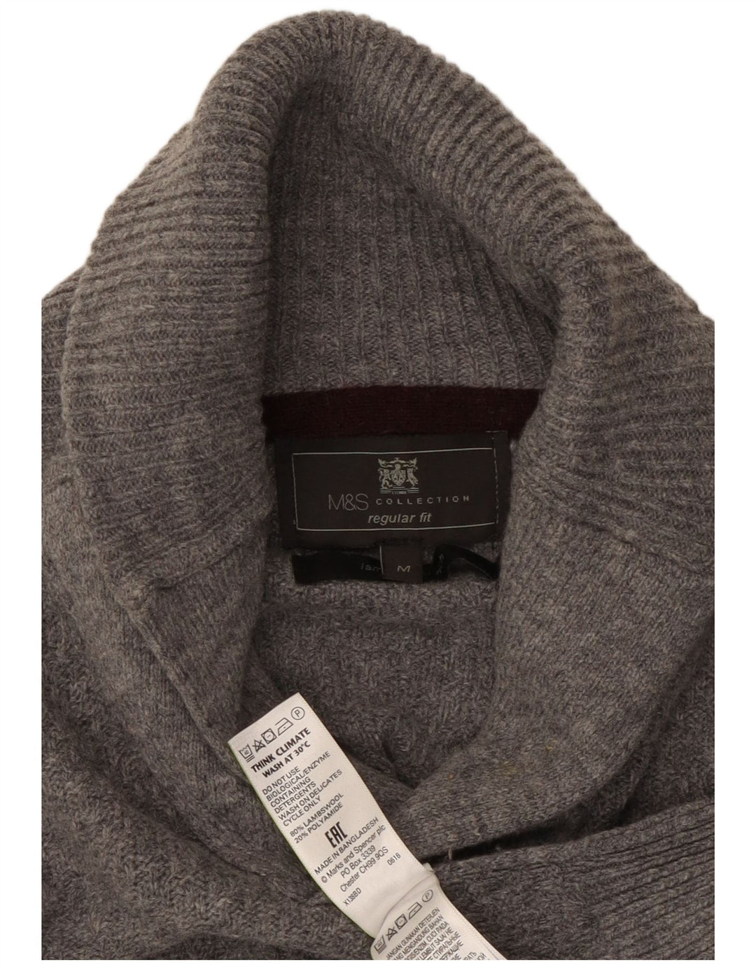 Marks & Spencer Mens Regular Fit Shawl Neck Jumper Sweater Medium Grey Wool