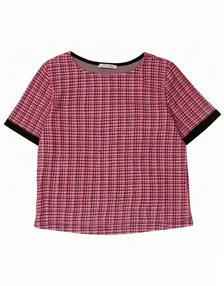Zara Womens Crop Blouse Top UK 12 Medium Pink Check Polyester