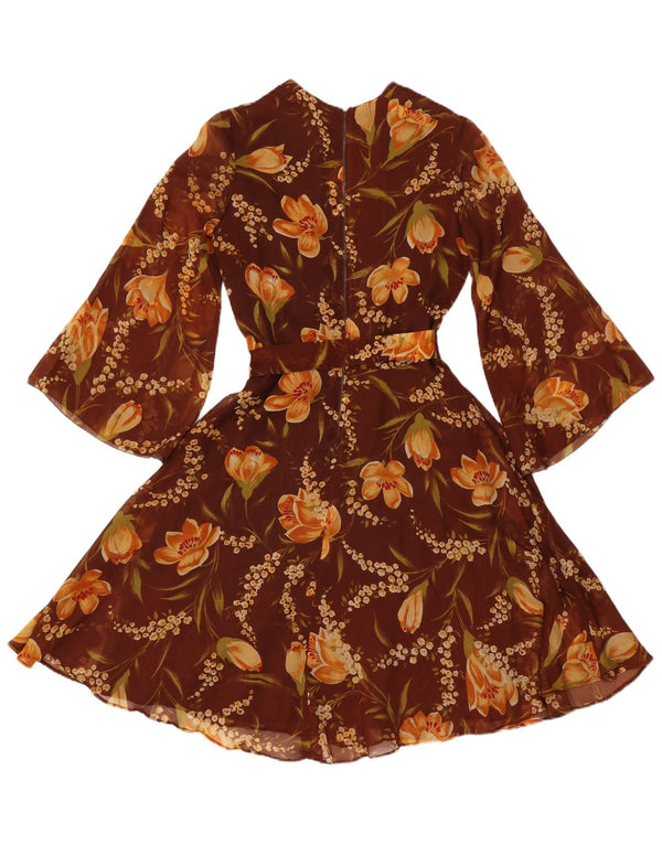 Vintage Womens 3/4 Sleeve A-Line Dress UK 12 Medium Brown Floral