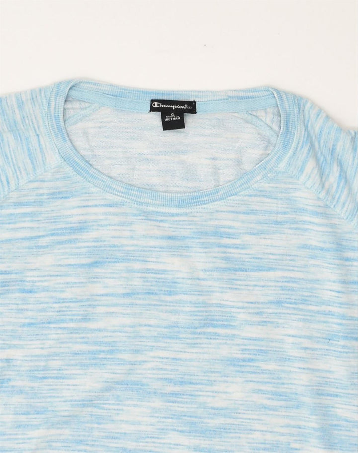 CHAMPION Womens Top Long Sleeve UK 10 Small Blue Pinstripe Rayon | Vintage Champion | Thrift | Second-Hand Champion | Used Clothing | Messina Hembry 