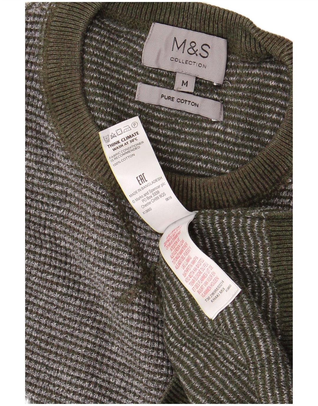MARKS & SPENCER Mens Crew Neck Jumper Sweater Medium Khaki Striped Cotton