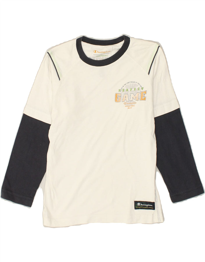 CHAMPION Boys Graphic Top Long Sleeve 7-8 Years Small  White Colourblock | Vintage Champion | Thrift | Second-Hand Champion | Used Clothing | Messina Hembry 