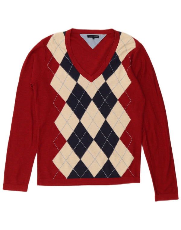 Tommy Hilfiger Womens V-Neck Jumper Sweater UK 16 Large Red Argyle/Diamond